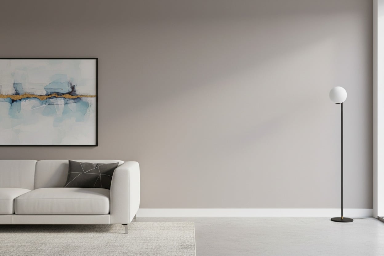 Een moderne woonkamer met een grijze muur, een witte bank en een staande lamp.